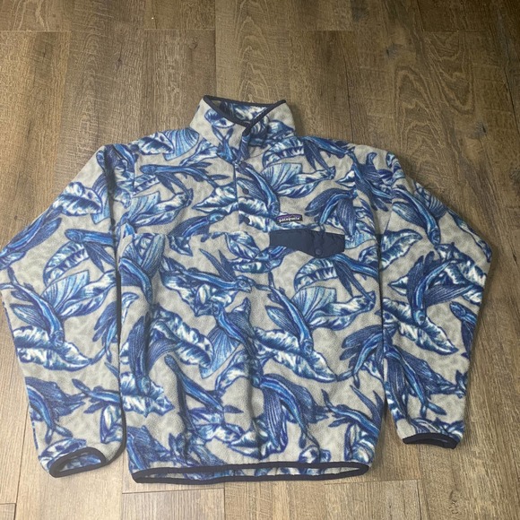 Patagonia Other - Patagonia Fleece Synchilla Sweater Mens Size Small Blue Fly Fish Print Snap
